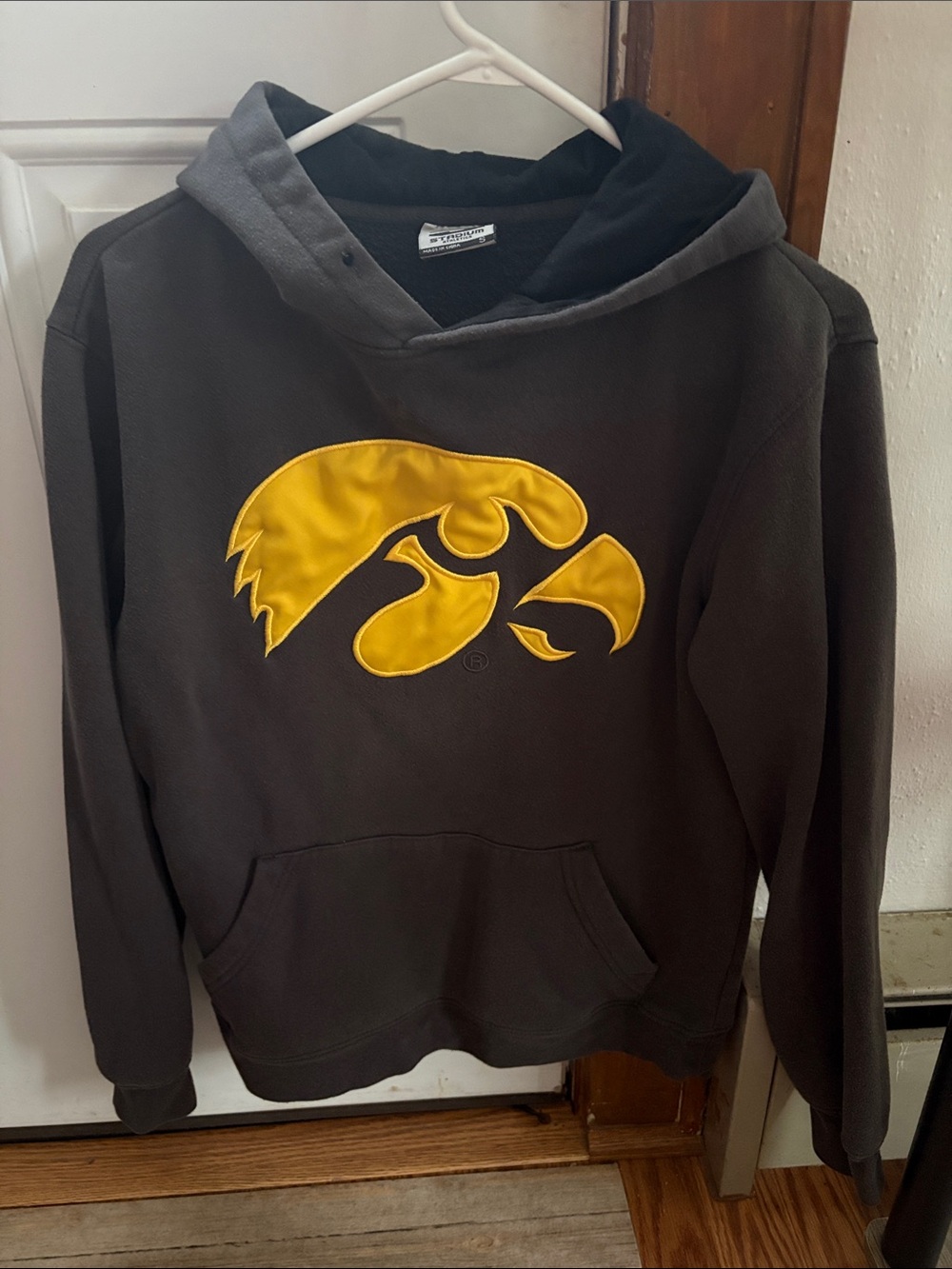 Stadium Athletics Gray Hoodie with Gold Iowa Hawk Logo